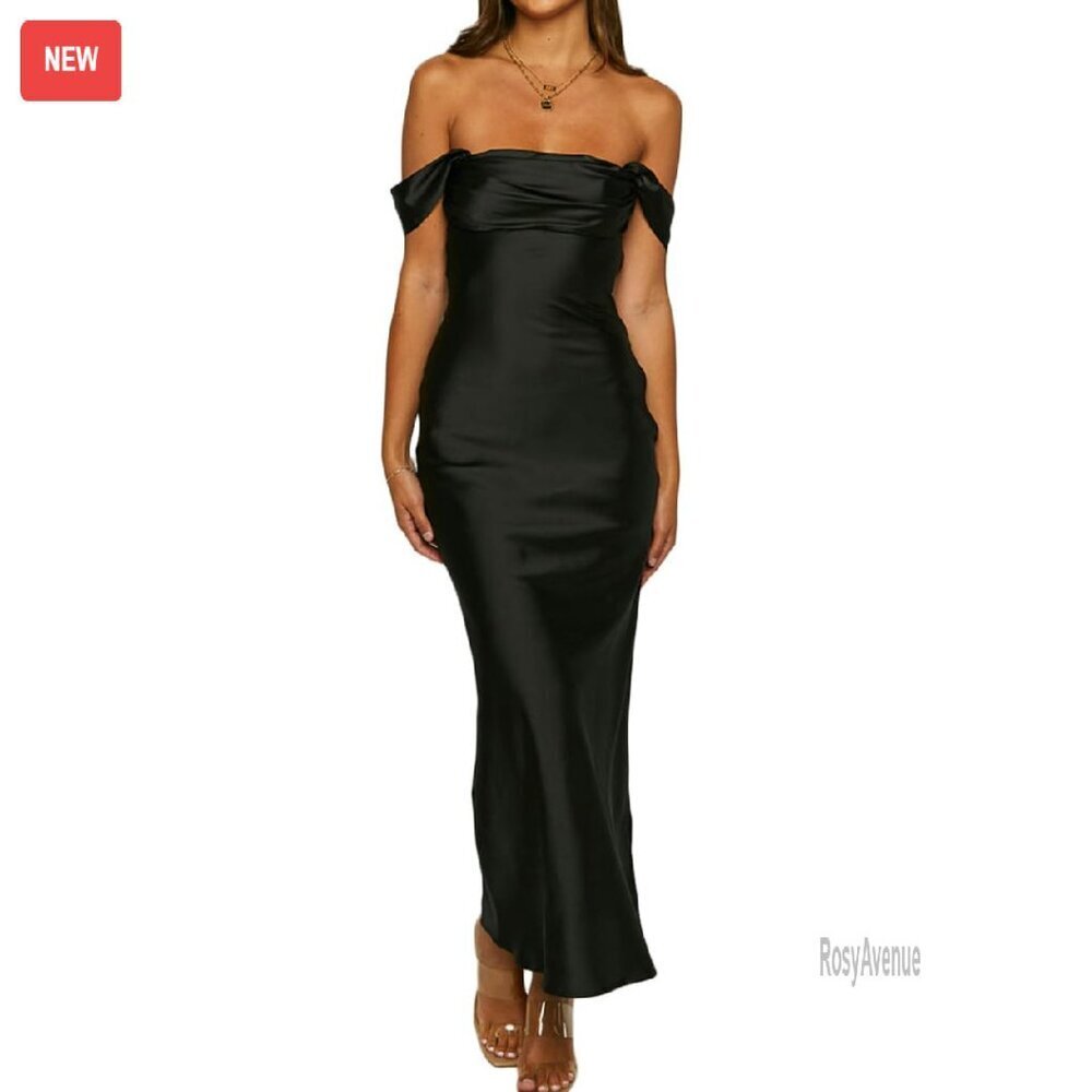 Satin Off Shoulder Backless Maxi Dress Ruched Formal Gown Women's
